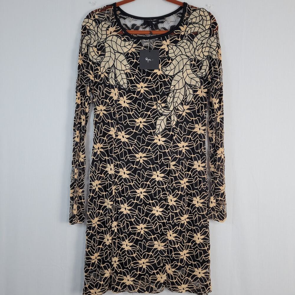 Ryu Anthropologie Mesh Floral Embroidered Dress size L Black Fairy Grunge, New